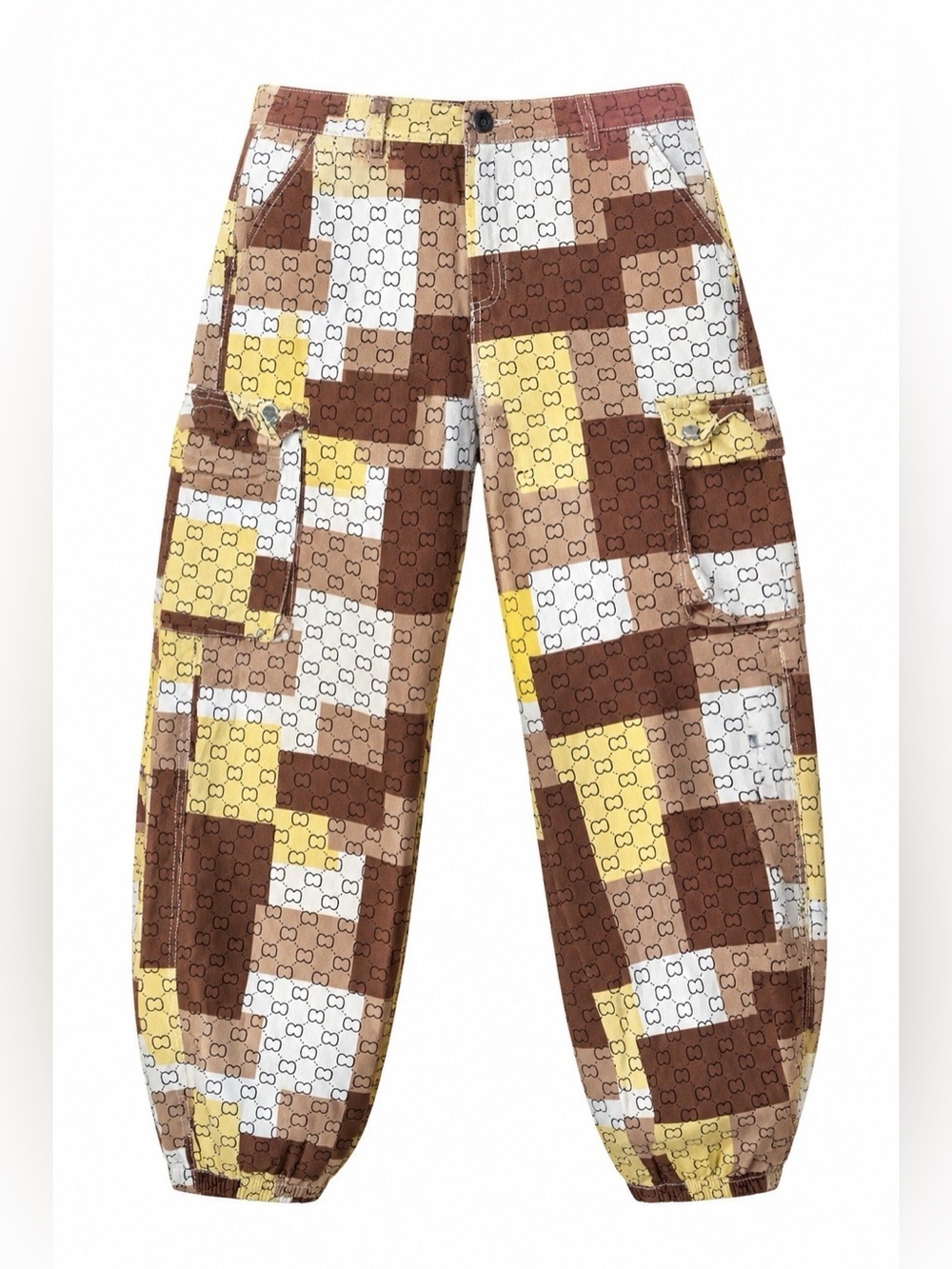 Patchwork Cargo Pants - Brown, Tan, Cream